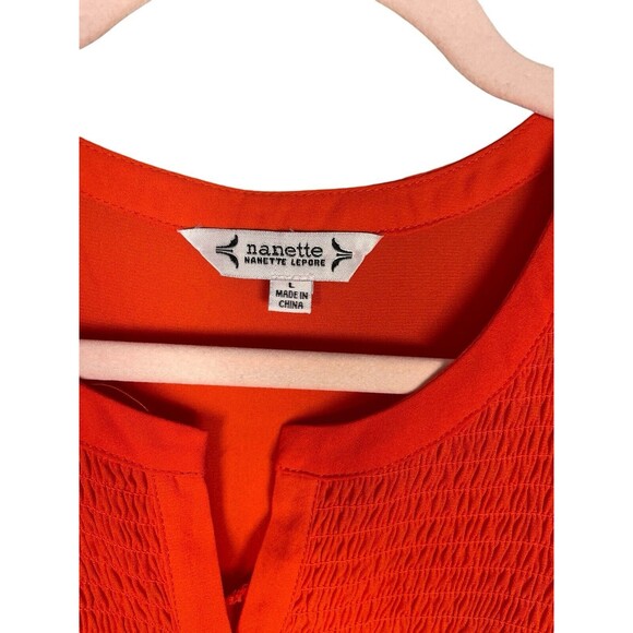 Nanette Lepore Pleated Blouse Womens L Orange Long Sleeve Smocked V-neck Top - Picture 8 of 10